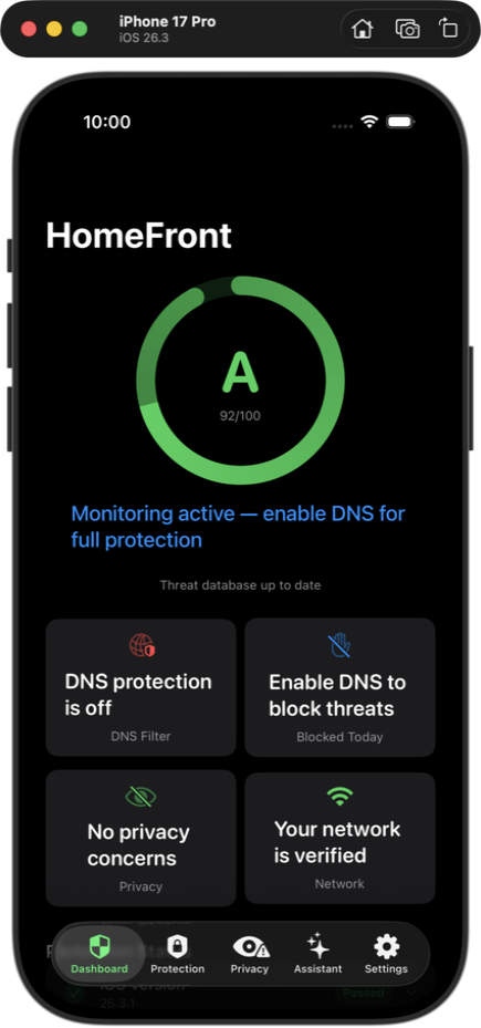 HomeFront iPhone dashboard showing DNS protection, privacy audit, and network status